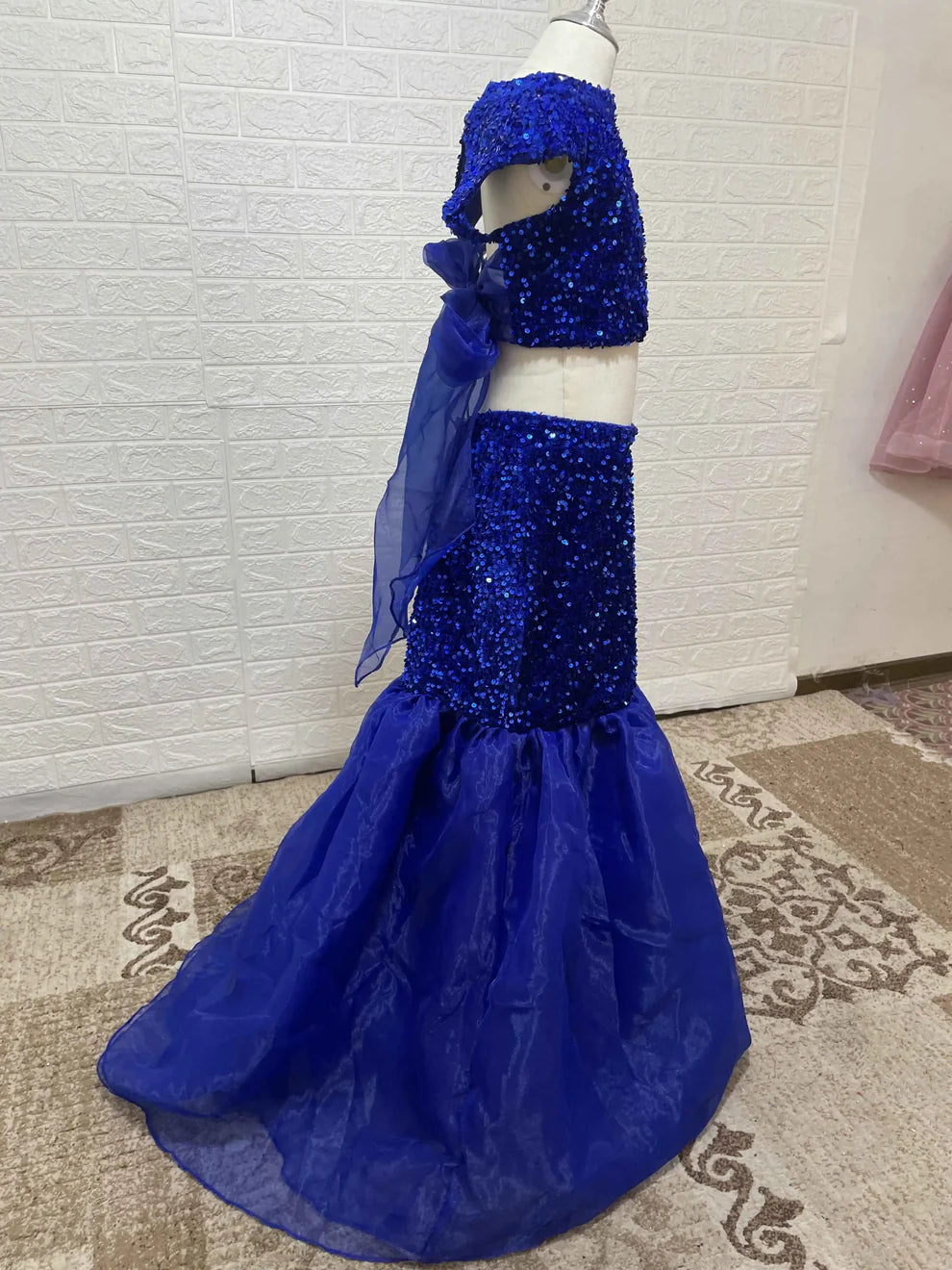 High Neck royal blue Two Pieces Sequin Girl Pageant Dress Cap Sleeves Mychicdress