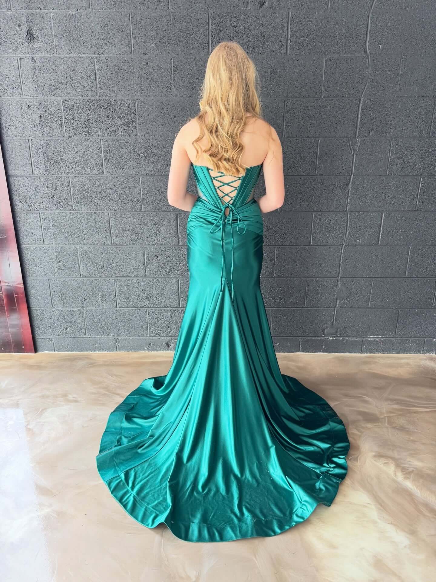 High Slit Mermaid Prom Dress Emerald Green Satin with Beads