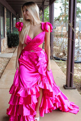 Hot A-Line 2025 Ruffle Prom Dress Gold Cutout with Slit