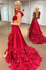 Hot A-Line 2025 Ruffle Prom Dress Gold Cutout with Slit