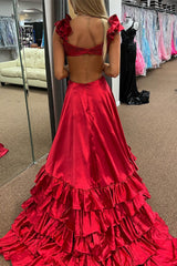 Hot A-Line 2025 Ruffle Prom Dress Gold Cutout with Slit