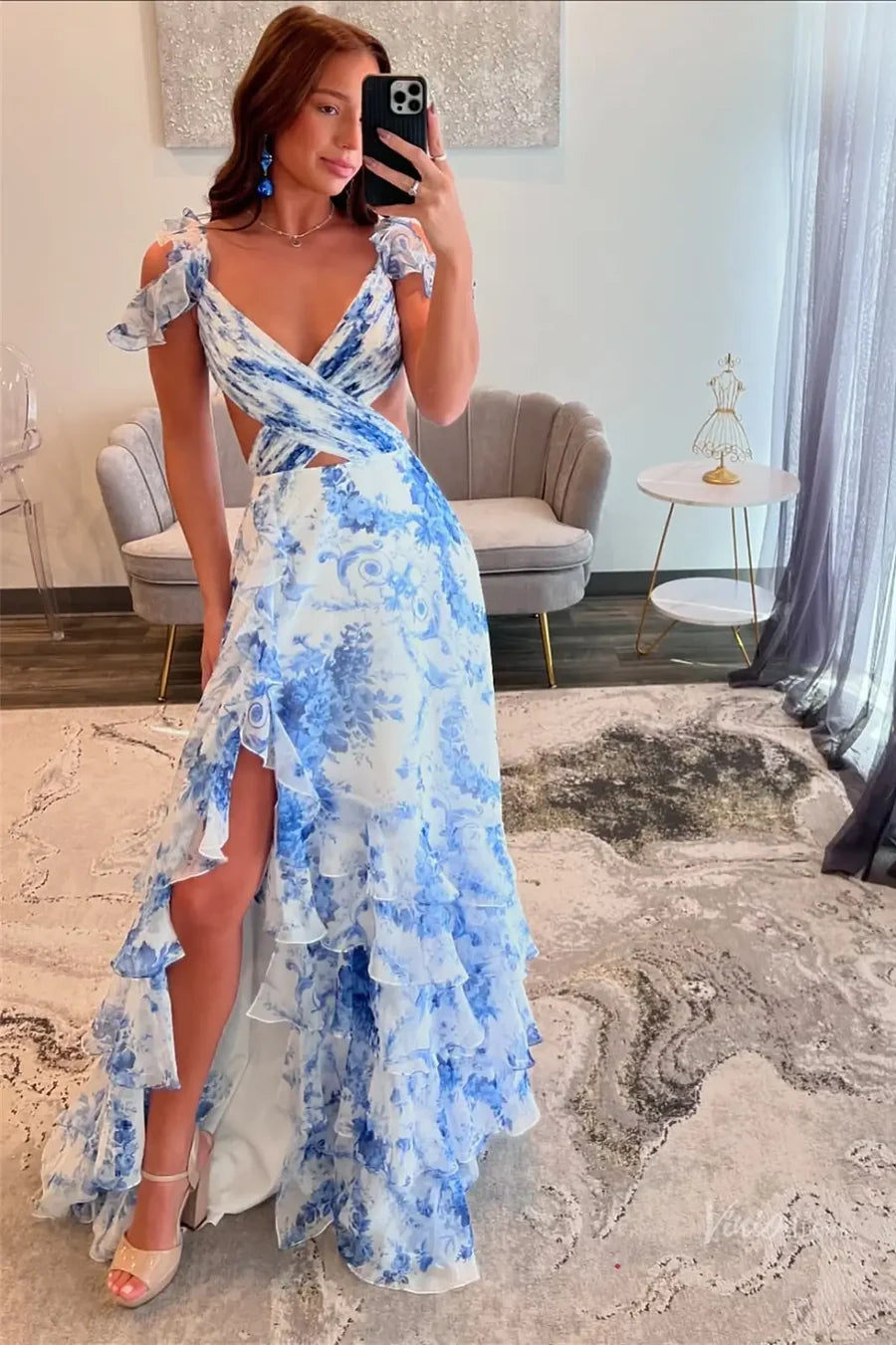 Blue Floral Printed Prom Dress Near Me V Neck Chiffon Long with Slit