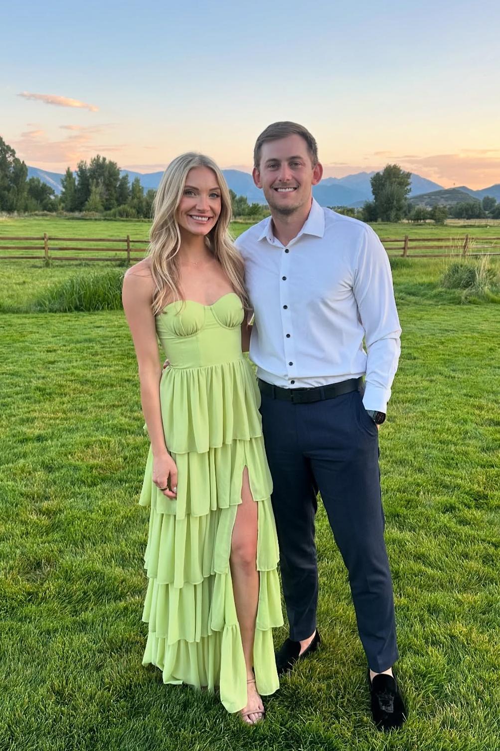 hot green tiered maxi dress with a strapless neckline