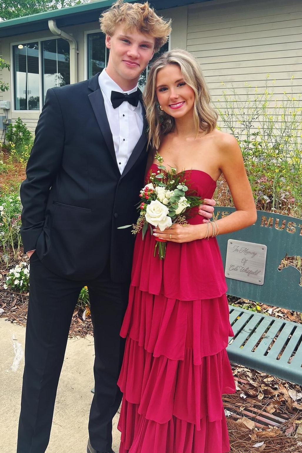 Hot red Tiered Maxi Dress Strapless Chiffon Formal Wear