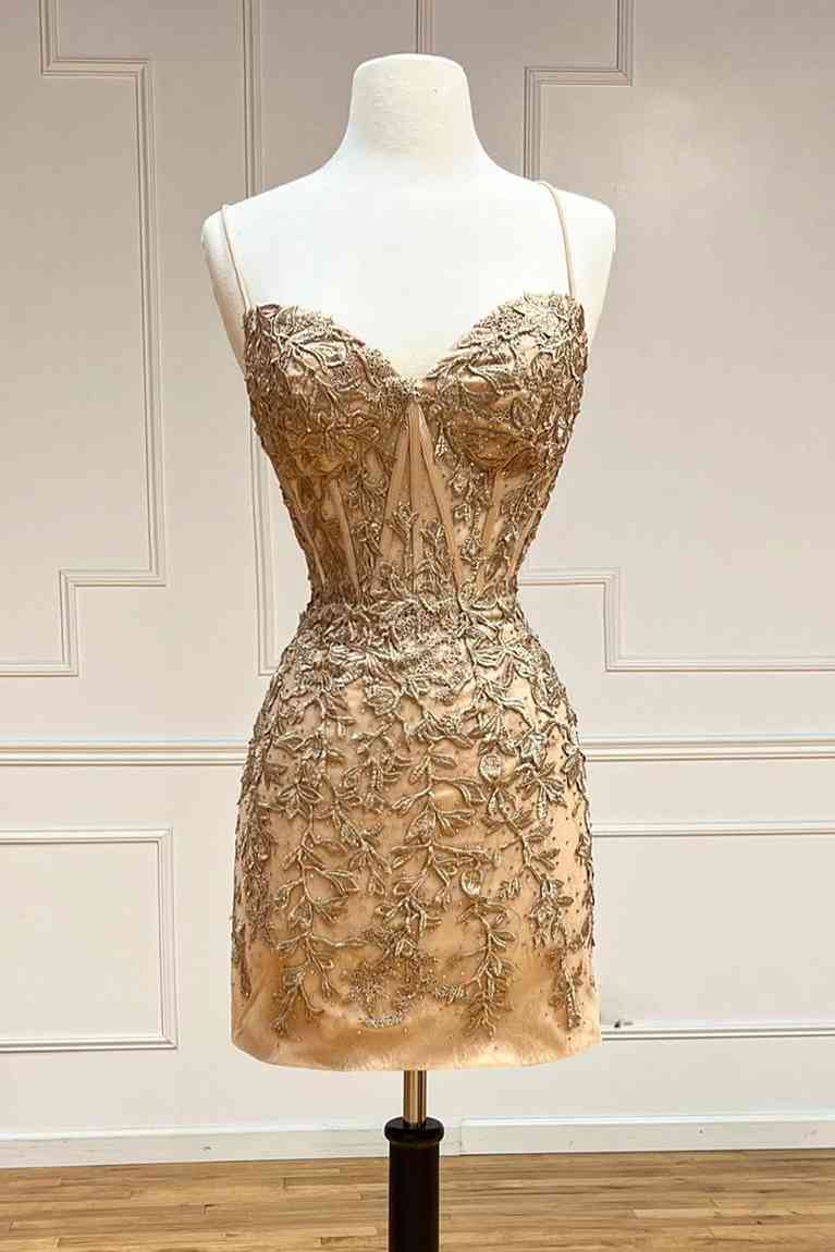 Gold Hot Lace Short Homecoming Dresses  Tight Hoco Dress