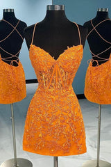 Cheap Hot Lace Short Homecoming Dresses orange Tight Hoco Dress