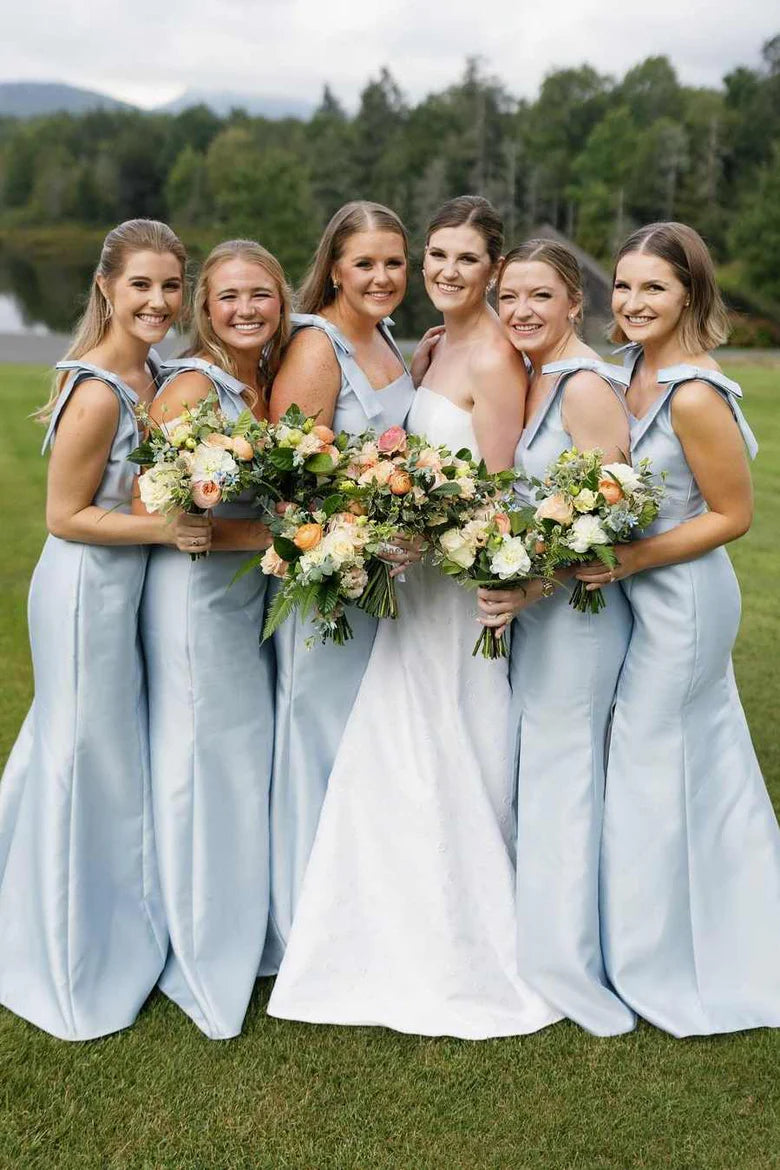 Hot Long Bridesmaid Dress Blue Satin Sleeveless with Bows Straps