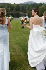 Hot Long Bridesmaid Dress Blue Satin Sleeveless with Bows Straps