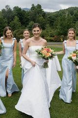 Hot Long Bridesmaid Dress Blue Satin Sleeveless with Bows Straps
