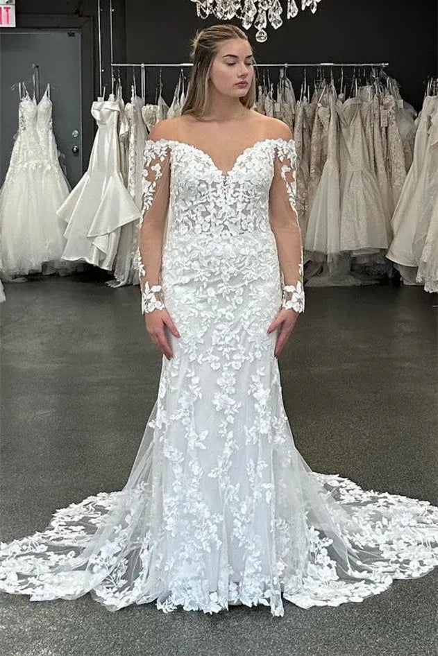 Modest Long Sleeves Wedding Dress Mermaid Off-The-Shoulder Sweetheart