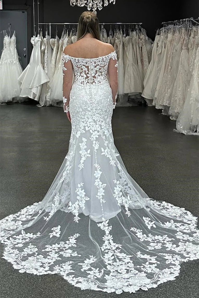 Modest Long Sleeves Wedding Dress Mermaid Off-The-Shoulder Sweetheart