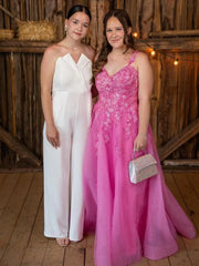Hot Pink Lace Formal Dress Plus Size V Neck Long Evening Dress UK Mychicdress