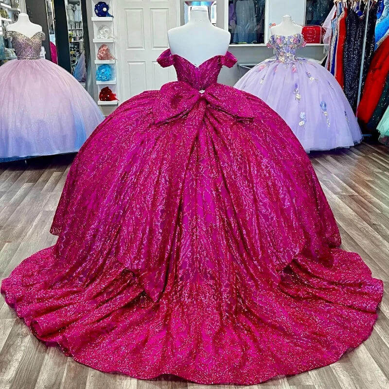 Sparkly Hot Pink Quinceanera Dresses Off-the-shoulder Applique with Bow