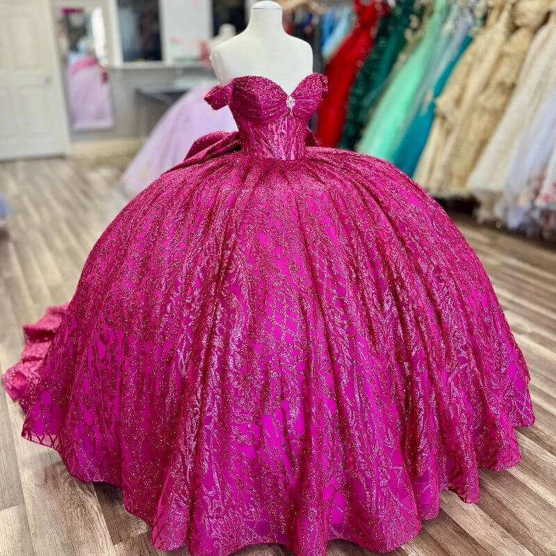 Sparkly Hot Pink Quinceanera Dresses Off-the-shoulder Applique with Bow
