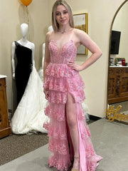 Hot Pink Tiered Sequin Prom Dress V Neck Formal Dress Mychicdress