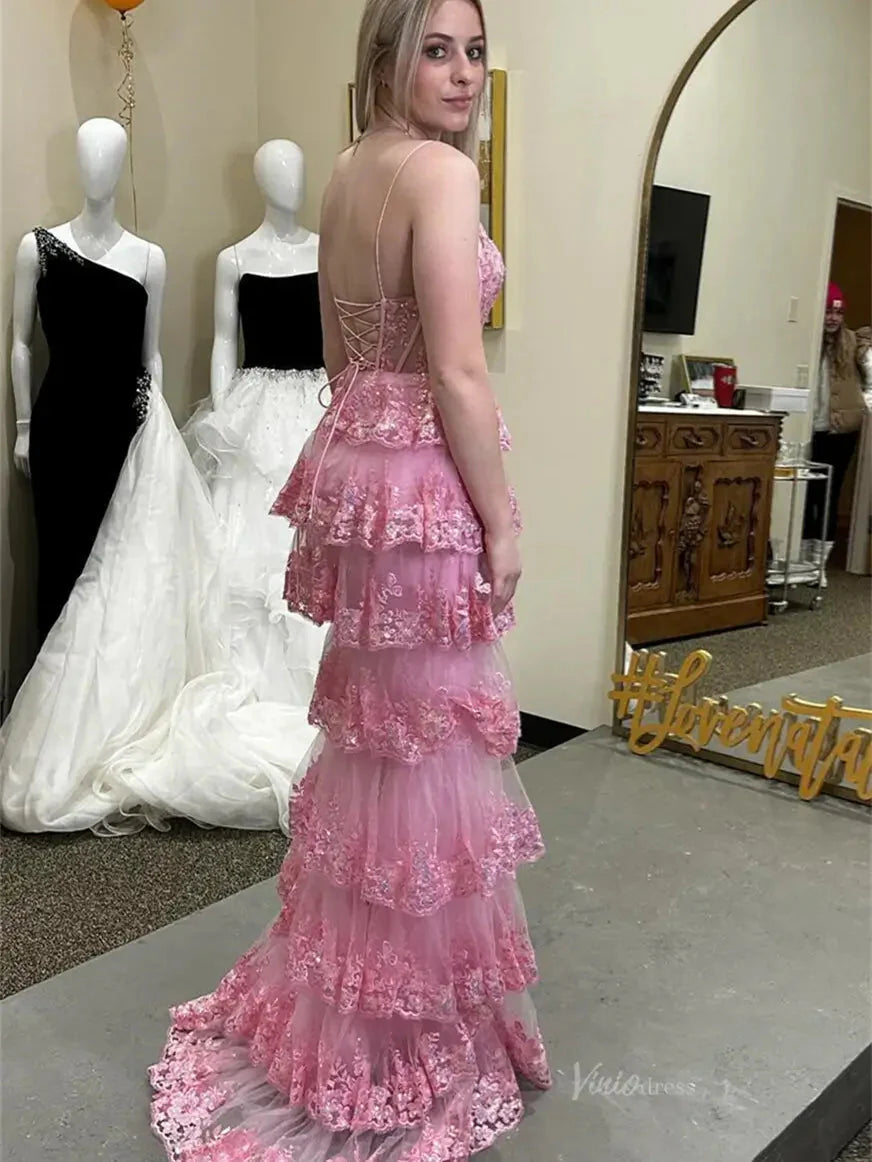 Hot Pink Tiered Sequin Prom Dress V Neck Formal Dress Mychicdress