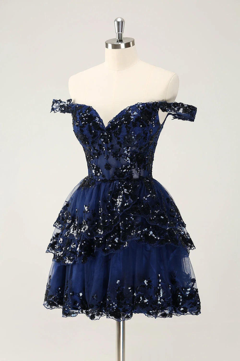 Hot Tulle Sequin navy blue Prom Dress Short Sheer Corset Bodice