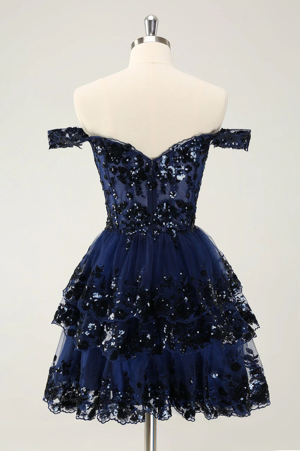 Hot Tulle Sequin navy blue Prom Dress Short Sheer Corset Bodice