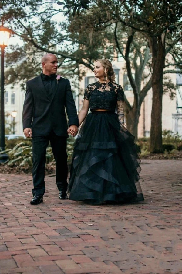 Hot Two Piece Black Wedding Dress Lace Layers Short Sleeves Mychicdress