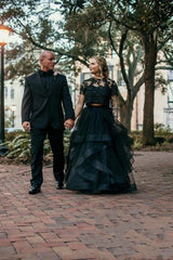 Hot Two Piece Black Wedding Dress Lace Layers Short Sleeves Mychicdress