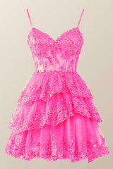 Hot Pink Short Prom Dress Straps Appliques Tiered Homecoming Dress Layered - MyChicDress