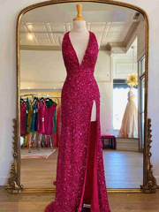 2024 Long V Neck Halter Sequin Prom Dresses Red Evening Gown with Split
