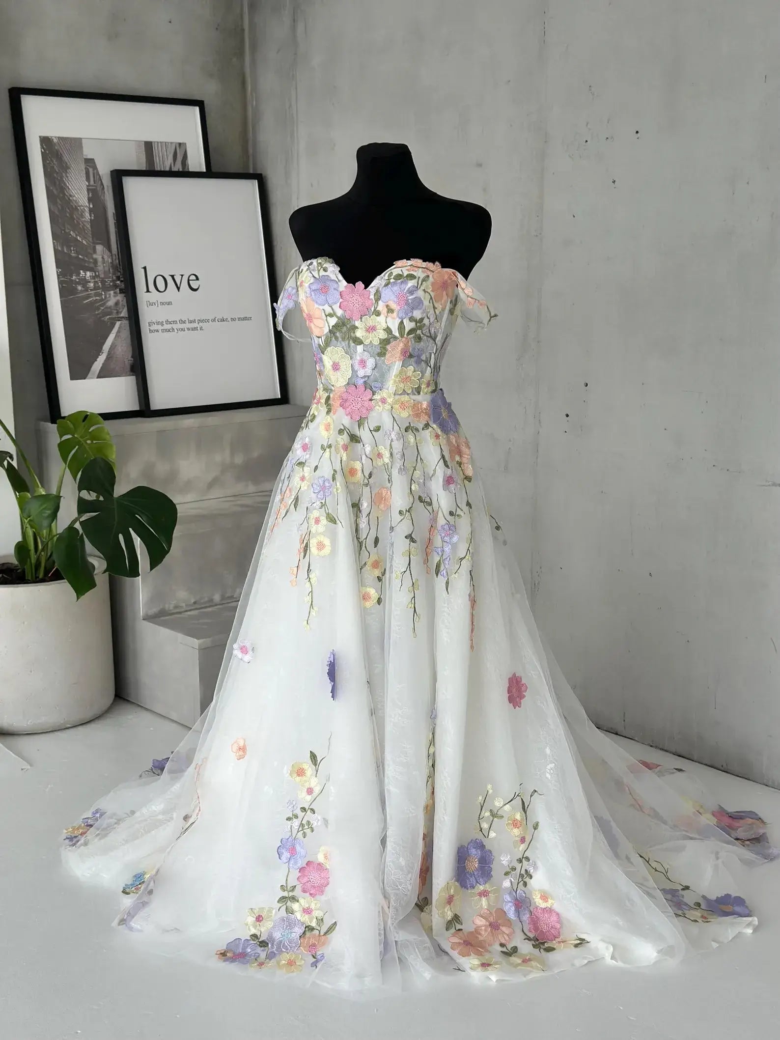 Fairy Colorful Floral Wedding Dress Off Shoulder Detachable Sleeves