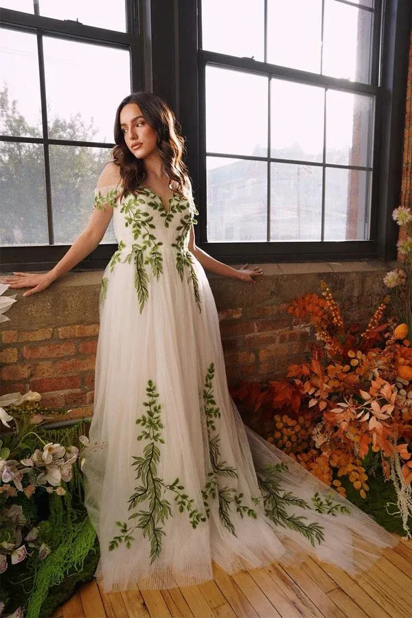 Ivory Forest Wedding Dress Green Lace Appliqué Off-Shoulder