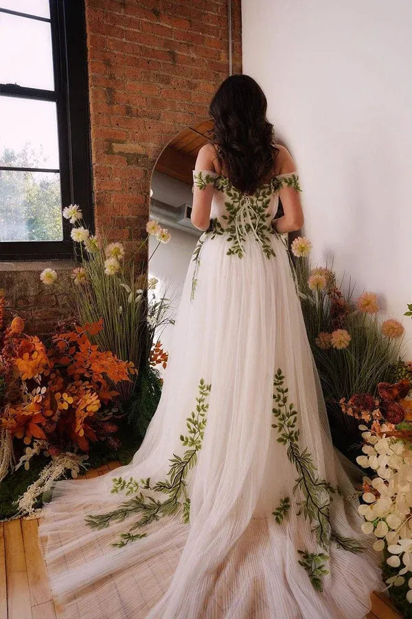 Ivory Forest Wedding Dress Green Lace Appliqué Off-Shoulder