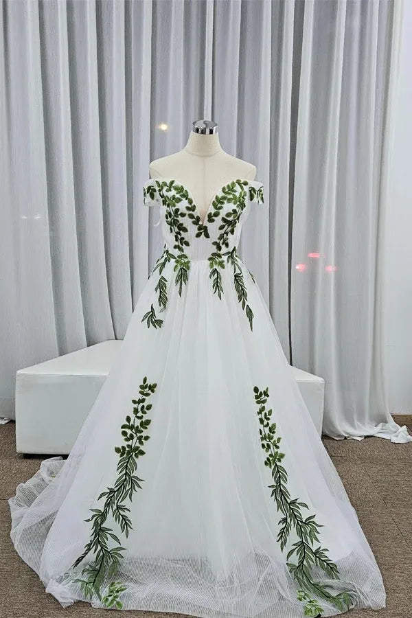 Ivory Forest Wedding Dress Green Lace Appliqué Off-Shoulder