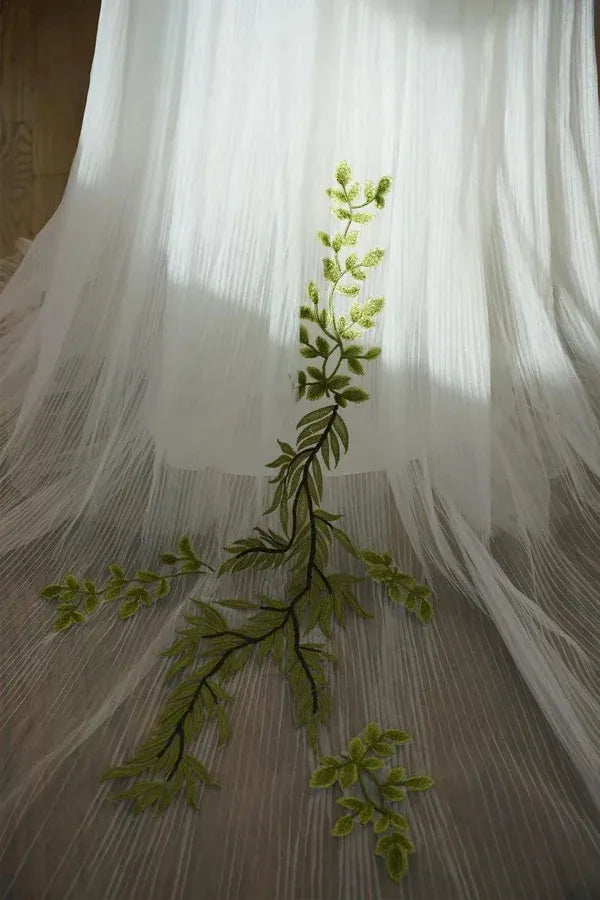 Ivory Forest Wedding Dress Green Lace Appliqué Off-Shoulder