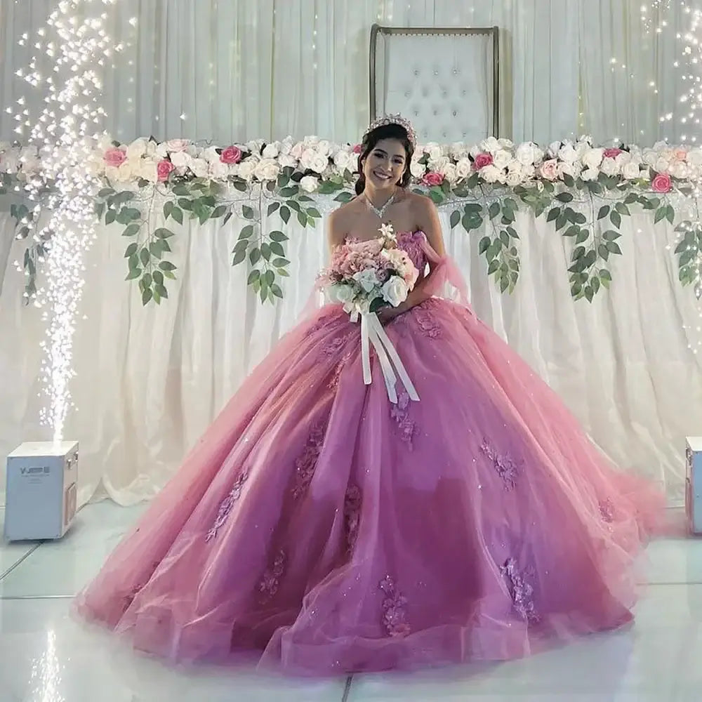 Lace Appliqué 3D Flower Plus Size Quinceanera Dress Off Shoulder Fluffy