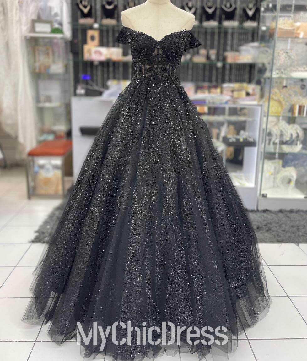 Lace Applique Black Quinceanera Dress Corset Bodice Off the Shoulder