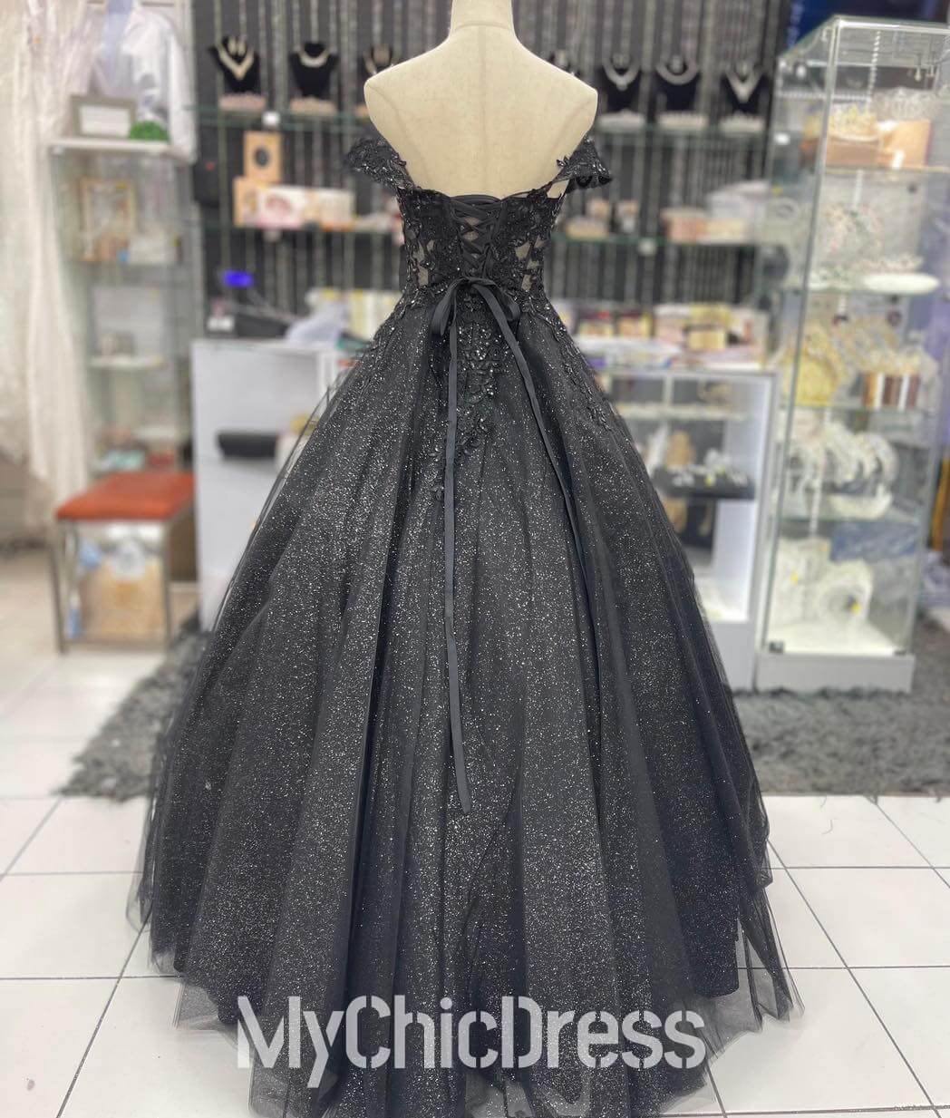 Lace Applique black Quinceanera Dress Corset Bodice Off the Shoulder