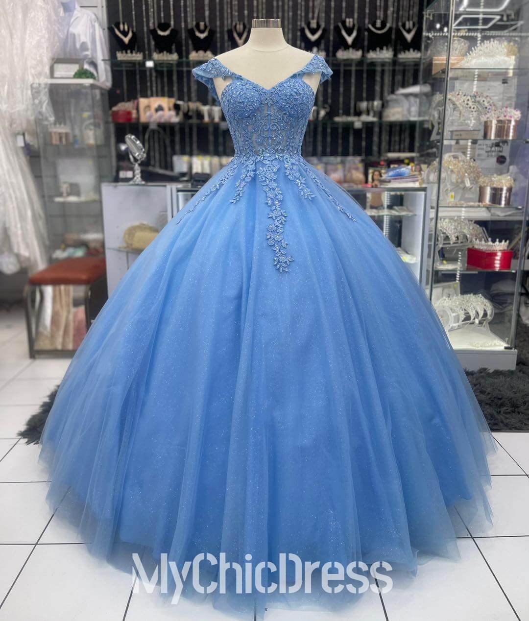 Lace Applique Blue Quinceanera Dress Corset Bodice Off the Shoulder
