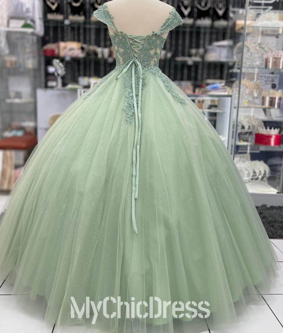 Lace Applique Sage Green Quinceanera Dress Corset Bodice Off the Shoulder