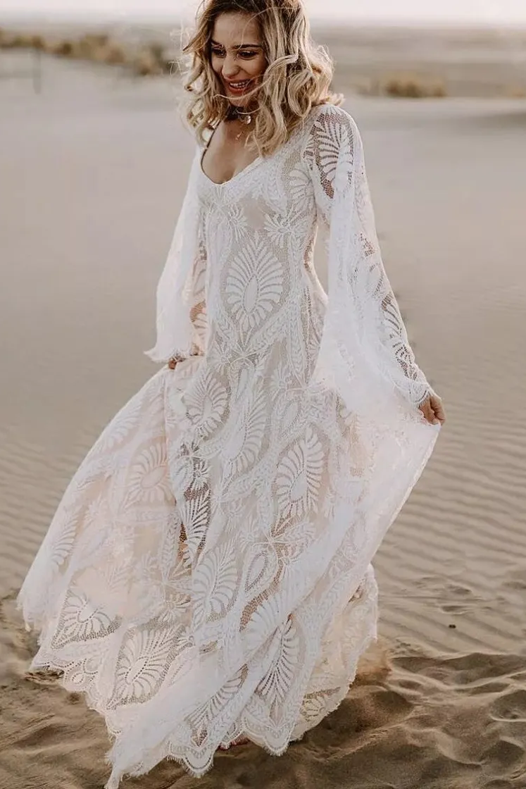 Lace Beach Wedding Dress Boho Deep V-Neck with Flare Sleeves MyChicDress Lace Beach Wedding Dress Boho Deep V-Neck with Flare Sleeves MyChicDress