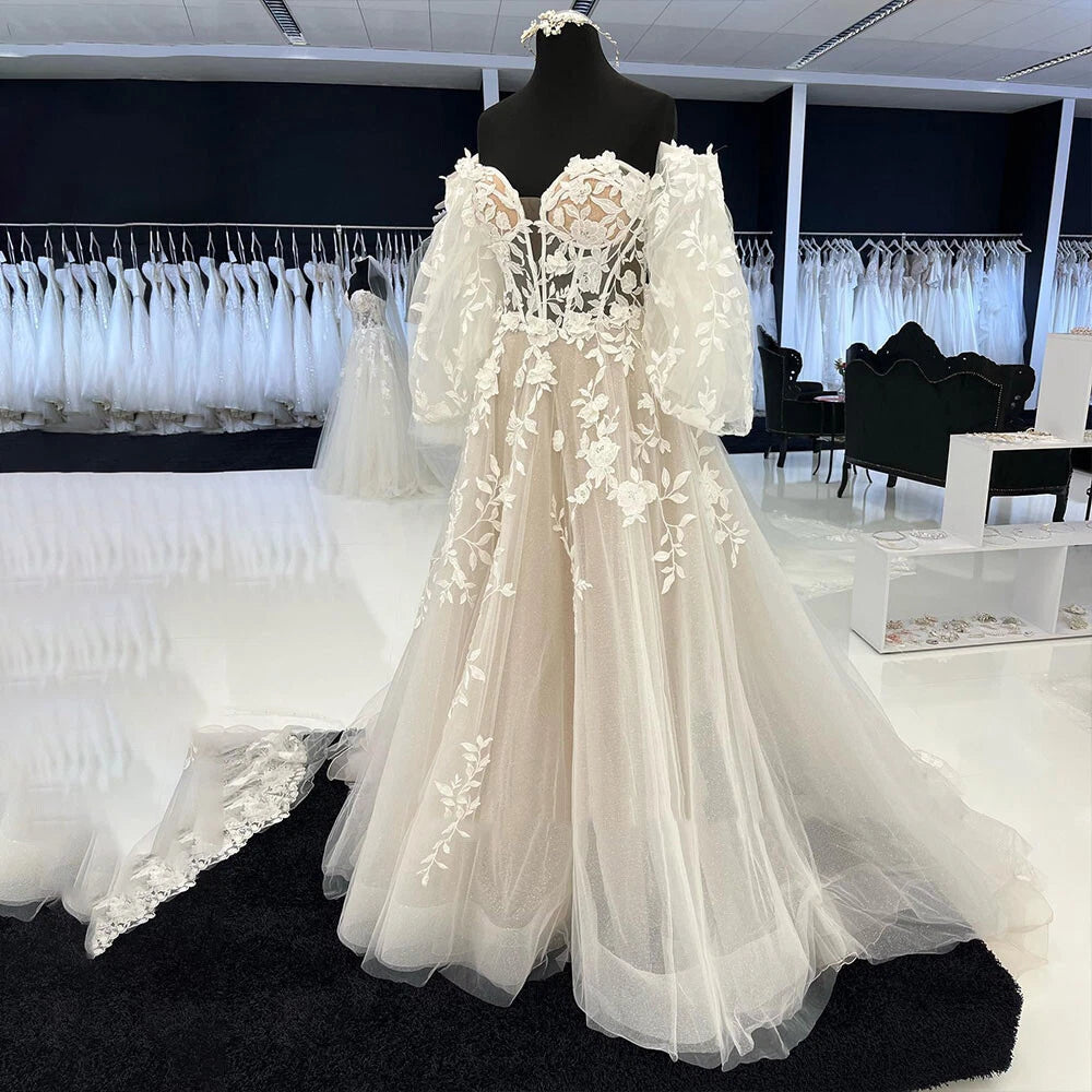 Lace Boho Champagne Beach Wedding Dresses Sweetheart Mychicdress