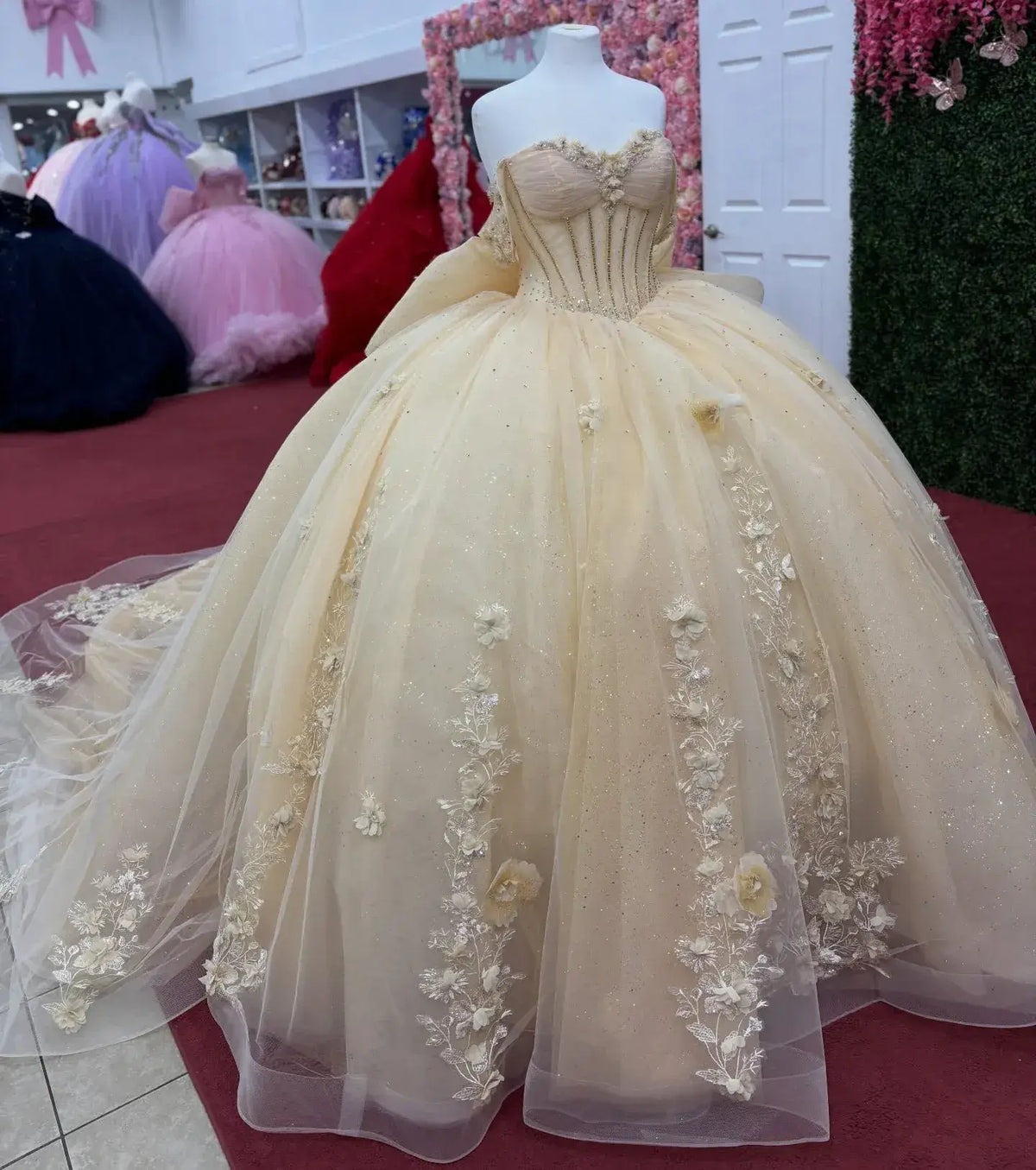 Discount Corset Champagne Quinceanera Dresses Off Shoulder with Flowers