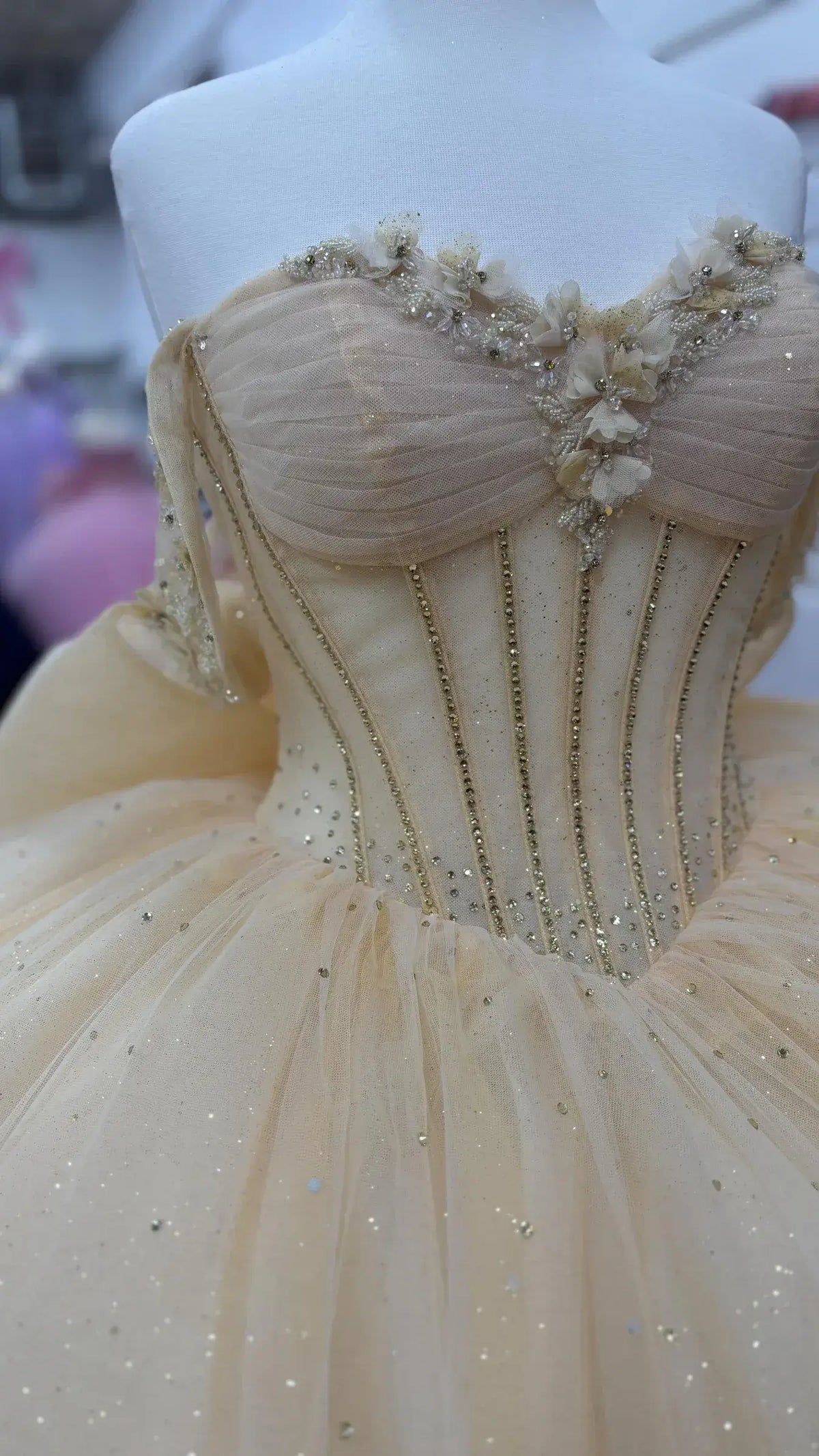 Discount Corset Champagne Quinceanera Dresses Off Shoulder with Flowers
