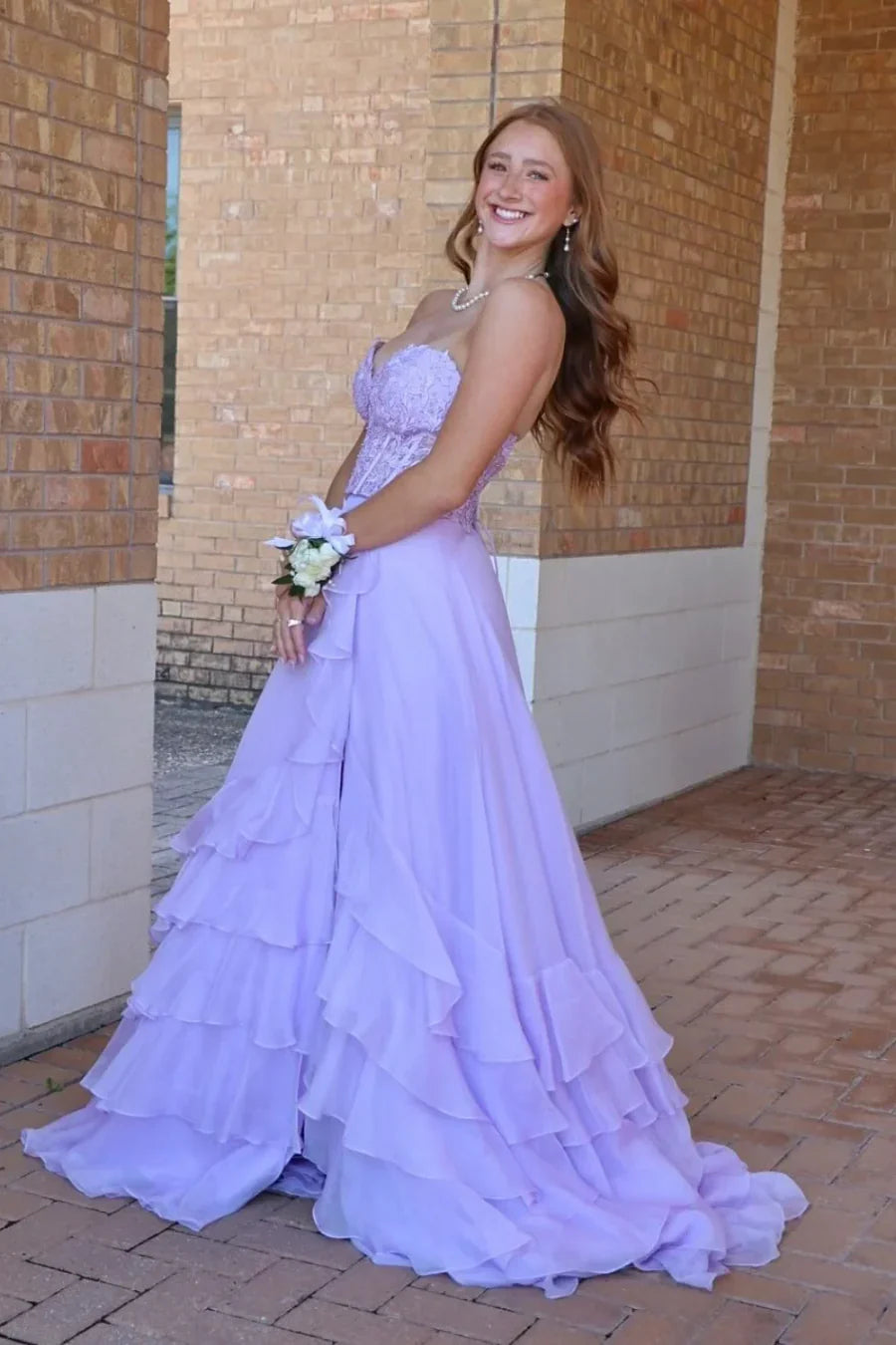 Lace Light Blue Prom Dress Appliques Sweetheart with Chiffon Ruffle