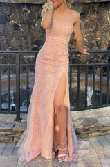 Long Mermaid Pink Prom Dresses Lace Strapless with Split