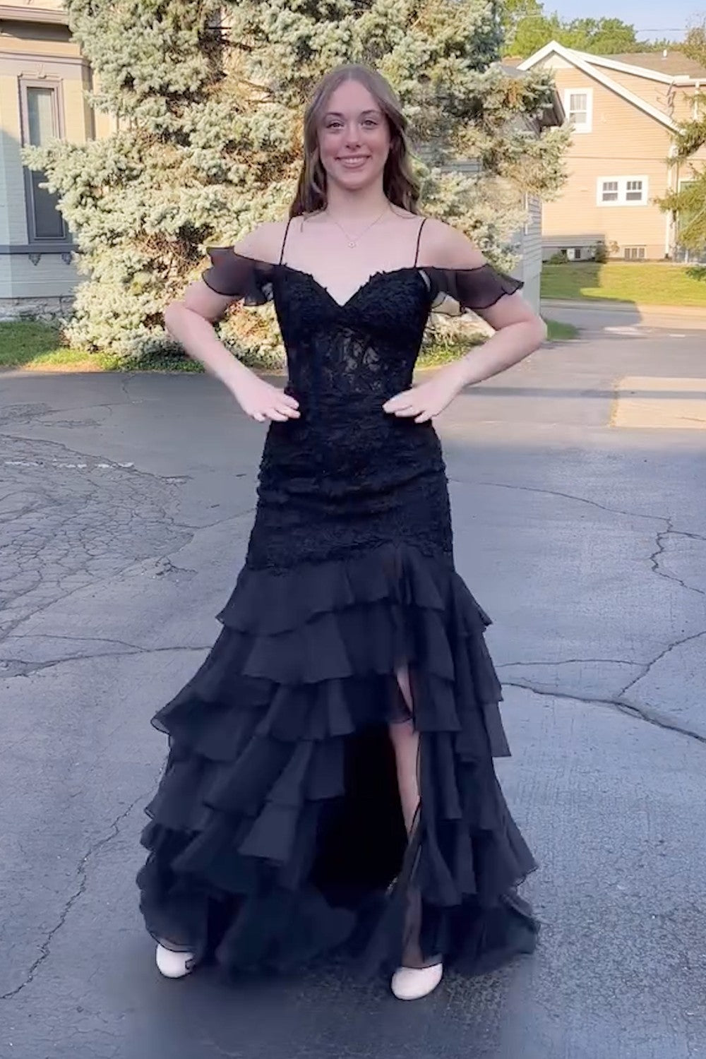 New Tiered Black Lace Mermaid Prom Dresses Ruffles Cold Shoulder