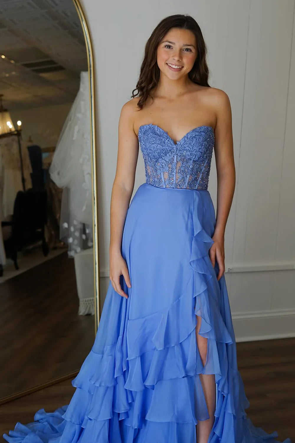Lace Light Blue Prom Dress Appliques Sweetheart with Chiffon Ruffle