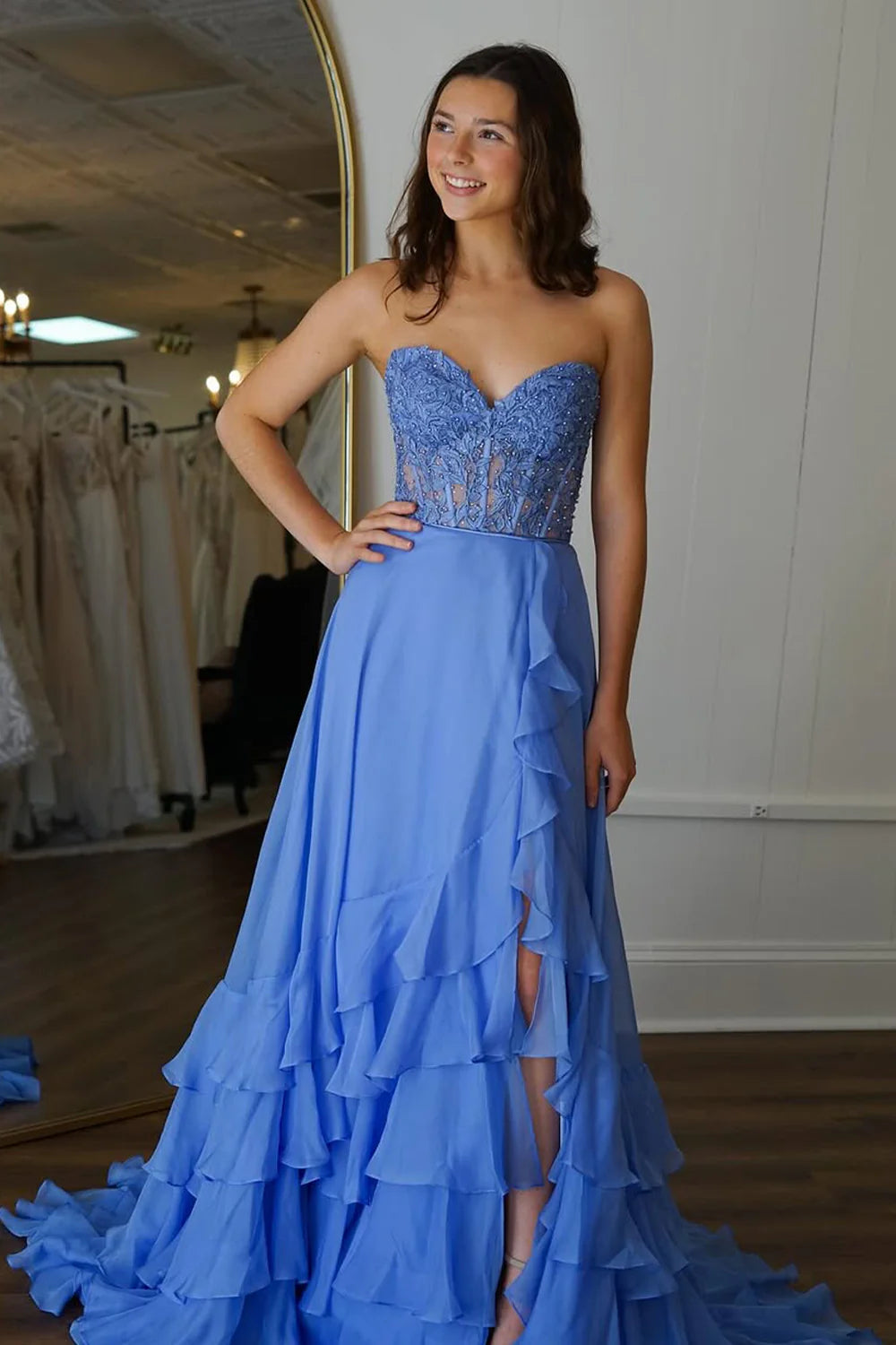Lace Light Blue Prom Dress Appliques Sweetheart with Chiffon Ruffle