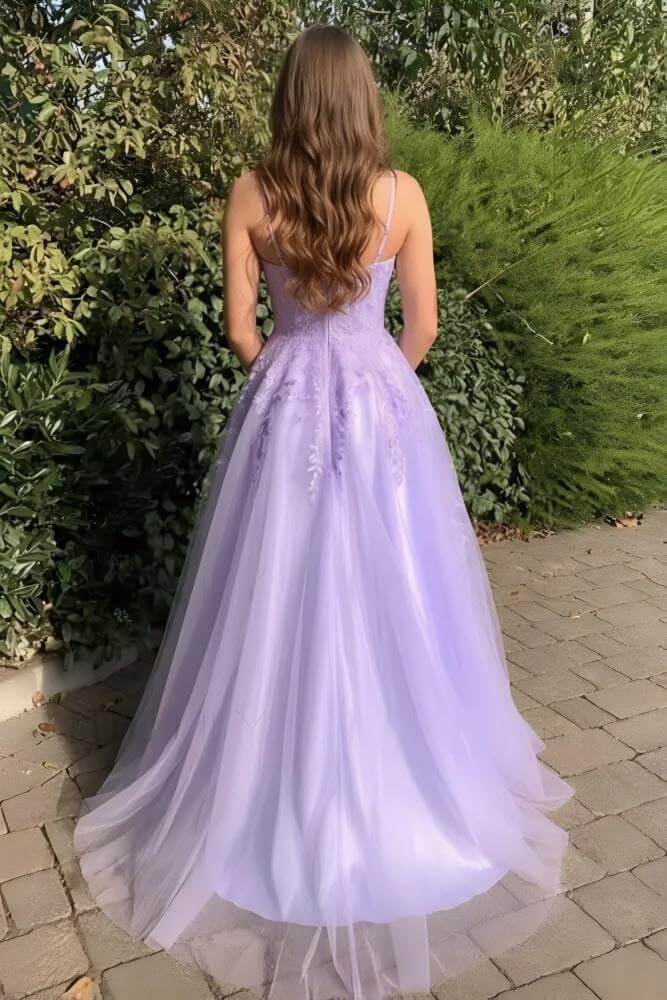 A Line Long Lace Lilac Corset Prom Dresses Floor Length Formal Dress
