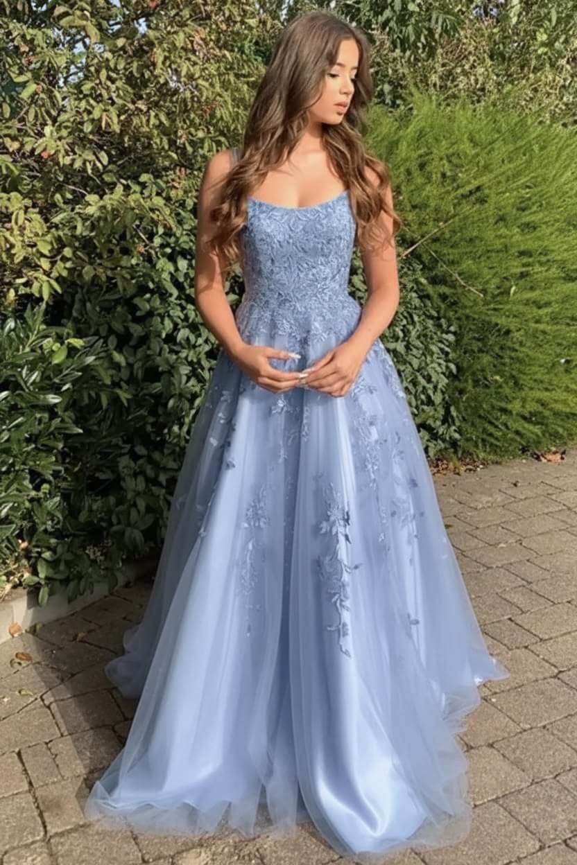 A Line Long Lace Lilac Corset Prom Dresses Floor Length Formal Dress