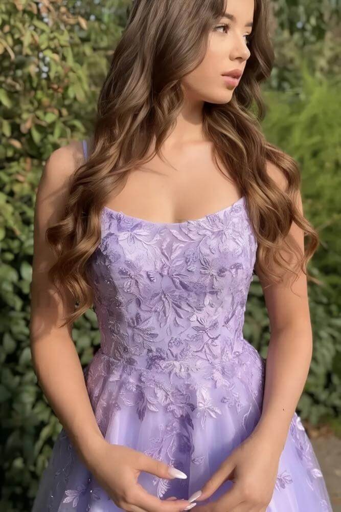 A Line Long Lace Lilac Corset Prom Dresses Floor Length Formal Dress