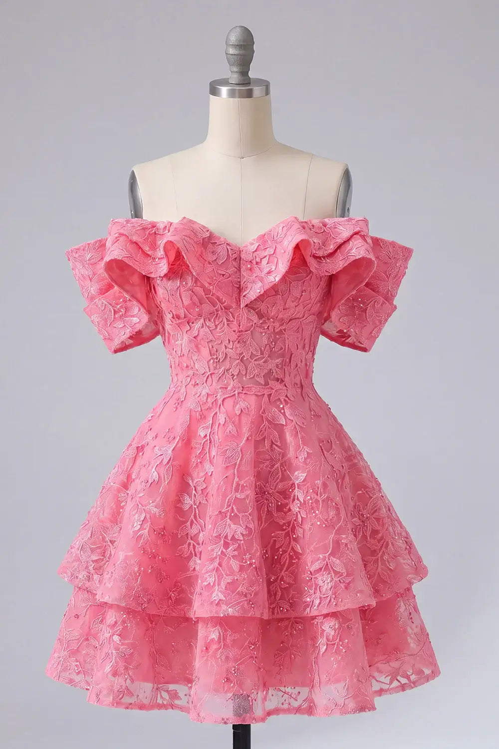 Lace Short Hot Pink Hoco Dress Beaded Ruffled Off-Shoulder