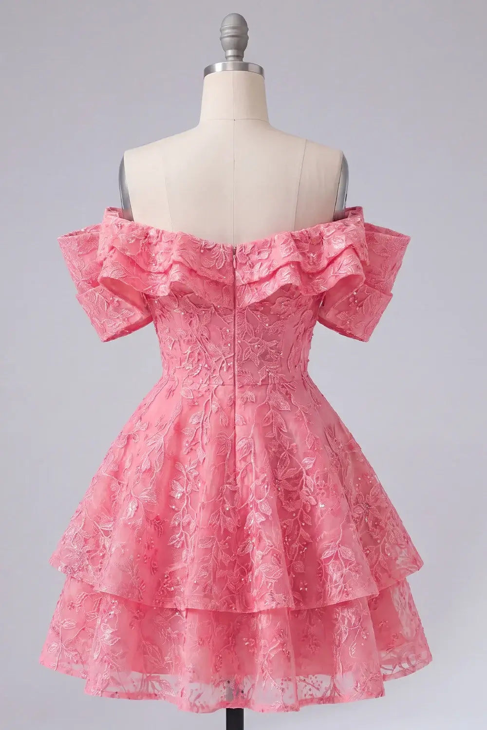 Lace Short Hot Pink Hoco Dress Beaded Ruffled Off-Shoulder